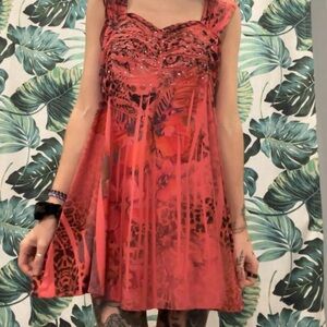 Orange Y2K Dress with Floral Design w Tiger, Butterfly & Rhinestones